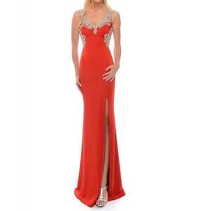 NEW PRECIOUS FORMALS stretch satin gown with high slit in red